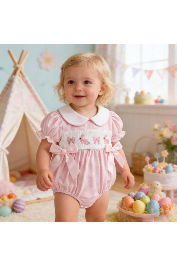 My First Easter Baby Girl Outfit Bunny Embroidery Bubble Bodysuit Short Sleeve Pullover Romper Causal Comfy Cute Smocked Clothes Pink