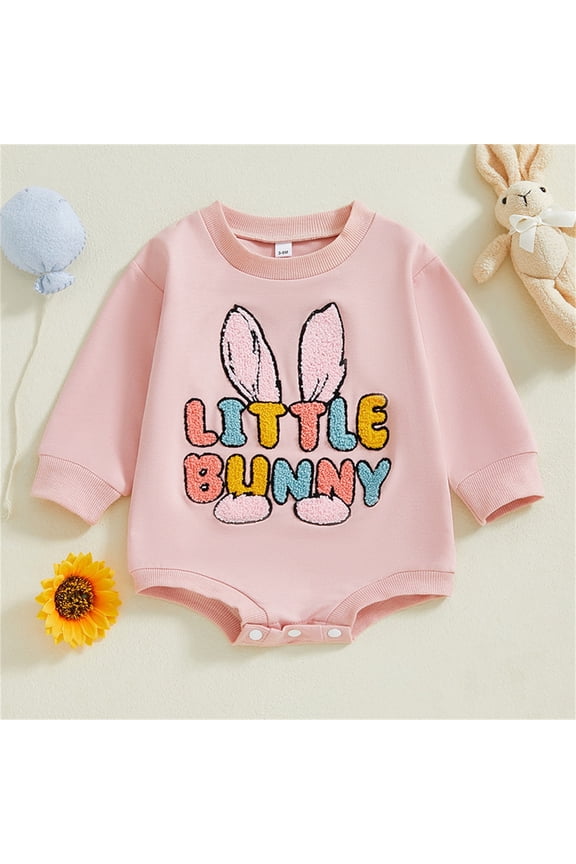 My First Easter Baby Girl Outfit Bunny Letter Embroidered Pullover Sweatshirt Bodysuit Long Sleeve Round Neck Causal Jumpsuits Pink