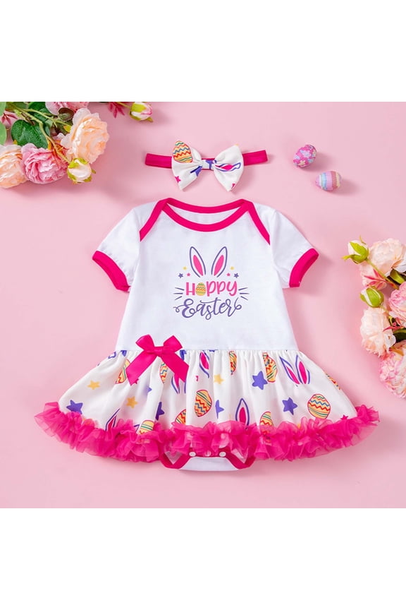 My First Easter Baby Girl Outfit Cute Cartoon Bunny Printed Romper Dress Short Sleeve Crew Neck Bodysuit Causal Soft Summer Clothes White