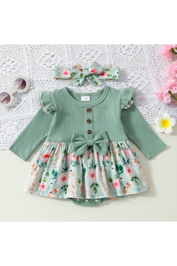 My First Easter Baby Girl Outfit Dress Rabbit Printed Romper Ruffle Long Sleeve Crew Neck Bodysuit Causal Soft Fall Winter Outfits Green