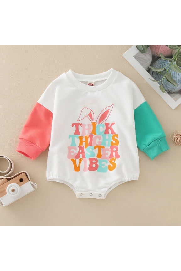 My First Easter Baby Girl Outfit Letter Print Crewneck Sweatshirt Bubble Romper Long Sleeve Shirt Oversized Causal Soft Bodysuit White