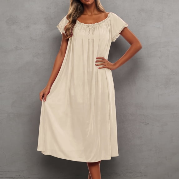 HOWPAY Nightgowns for Women Loose Sleepwear Solid Color Vintage Nightshirt Lace Short Sleeve Knee Length Sleep Dress Baggy Soft Loungewear Beige