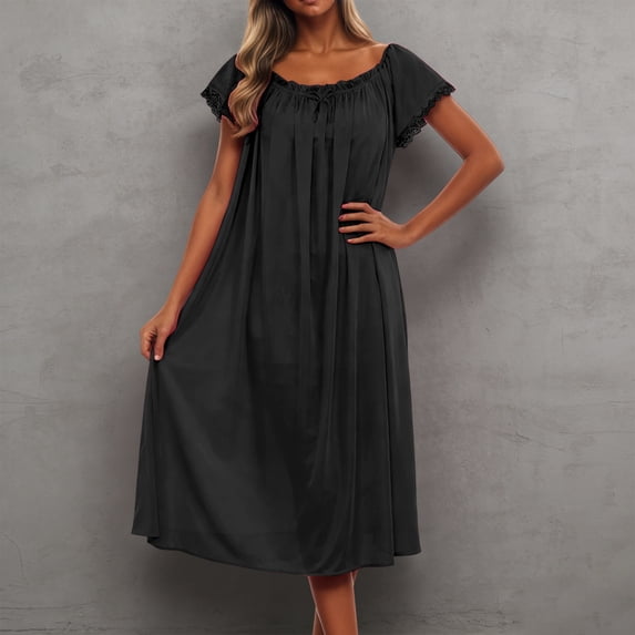 HOWPAY Nightgowns for Women Loose Sleepwear Solid Color Vintage Nightshirt Lace Short Sleeve Knee Length Sleep Dress Baggy Soft Loungewear Black
