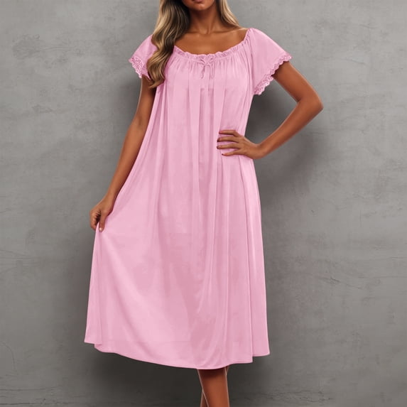 HOWPAY Nightgowns for Women Loose Sleepwear Solid Color Vintage Nightshirt Lace Short Sleeve Knee Length Sleep Dress Baggy Soft Loungewear Light Pink