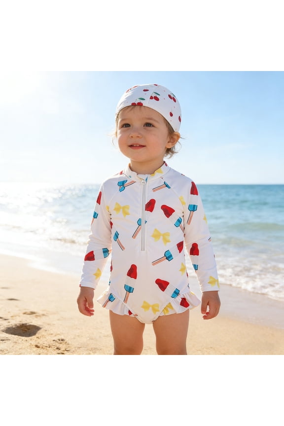 One Piece Swimsuit Girls Long Sleeve Floral Print Bikini Tankini Sets Summer Beach Pool Bathing Suit with Hat Lightweight Sport Swimwear White