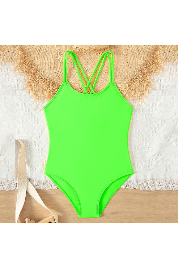One Piece Swimsuit Girls Solid Color Sleeveless Crossback Tankini Bikini Sets Summer Sun Beach Bathing Suit Lightweight Sport Swimwear Green