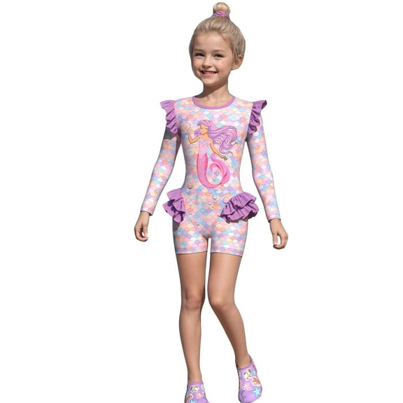 HOWPAY One Piece Swimsuit for Girls Summer Cute Long Sleeve Tankini Bathing Sport Sun Beach Bikini Set for Swimming Pools Comfortable Swimwear Purple