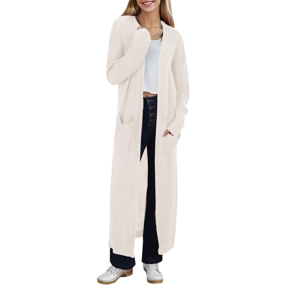 HOWPAY Oversized Cardigans for Women Long Sleeve Solid Color Open Front Sweaters Casual Loose Classic Coat with Pockets Soft Y2K Fall Outfits Beige L