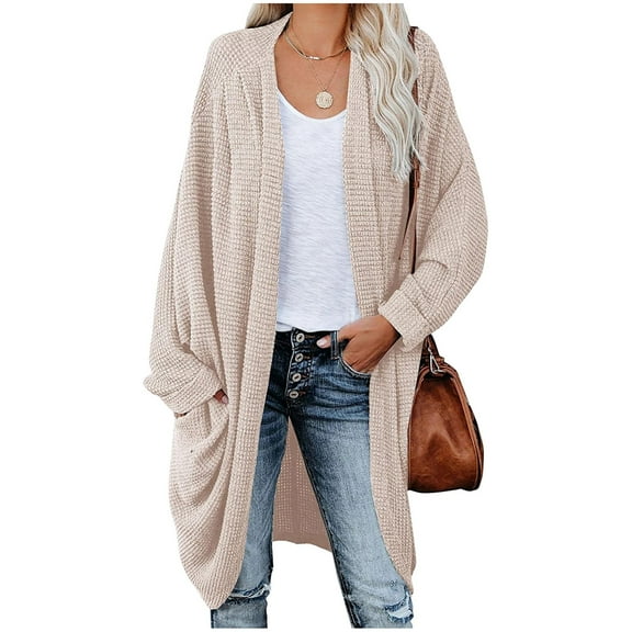 HOWPAY Oversized Cardigans for Women Open Front Long Sleeve Sweaters Solid Color Tops with Pockets Casual Classic Soft Y2K Fall Clothes Khaki S