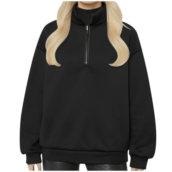 HOWPAY Oversized Sweatshirt for Women Lapel Quarter Zipper Solid Color Casual Pullover Long Sleeve Shirts Comfortable Loose Fall Y2k Clothes Black XL