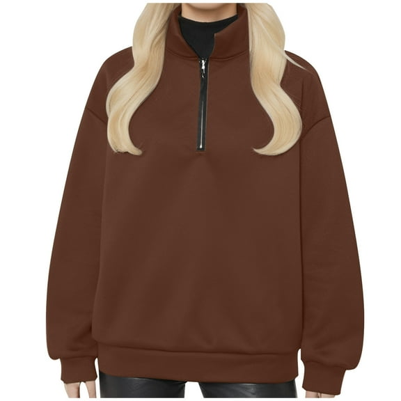 HOWPAY Oversized Sweatshirt for Women Lapel Quarter Zipper Solid Color Casual Pullover Long Sleeve Shirts Comfortable Loose Fall Y2k Clothes Coffee L