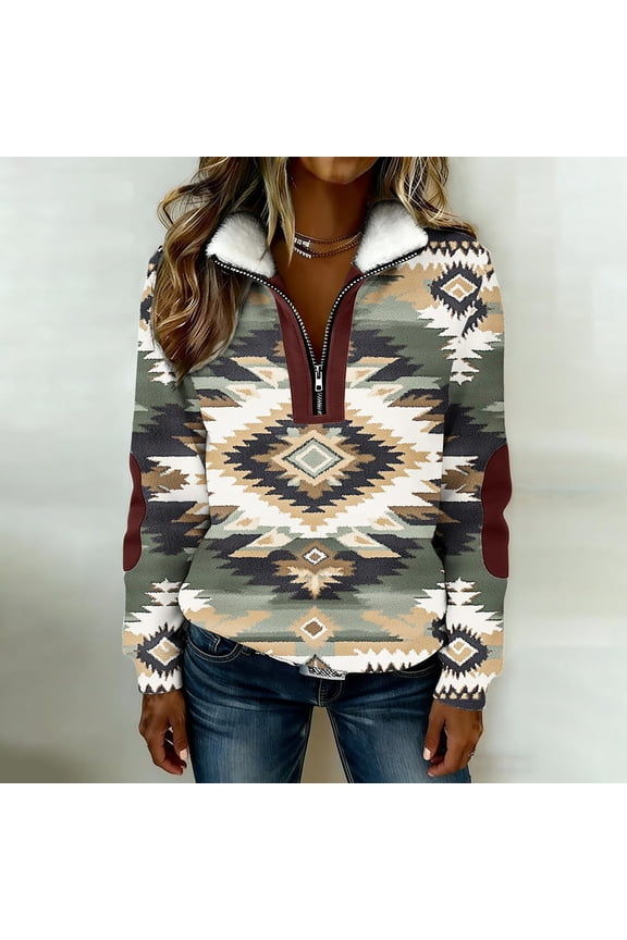 Oversized Sweatshirt for Women Western Aztec Print Quarter Zip Pullover Tops Collar Long Sleeve Casual Vintage Western Clothing Dark Green L