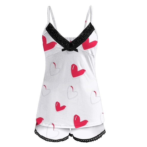 HOWPAY Pajamas for Women Set Valentine'S Day Loose Fit Cute Heart Graphic V Neck Sleeveless Spaghetti Strap Cami and Shorts Lounge Set Causal Soft Comfy 2 Piece Loungewear White XL
