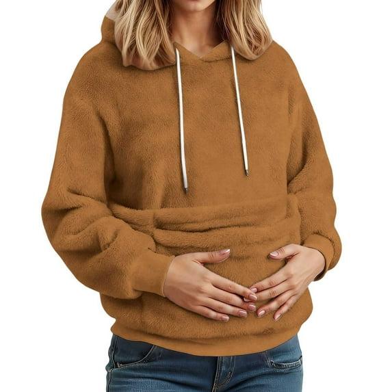 HOWPAY Pet Carrier Hoodie Cat Dog Pouch Holder Sweatshirt Large Pocket Pullover Shirt for Women Long Sleeve Solid Color Comfy Warm Fall Clothes Brown M