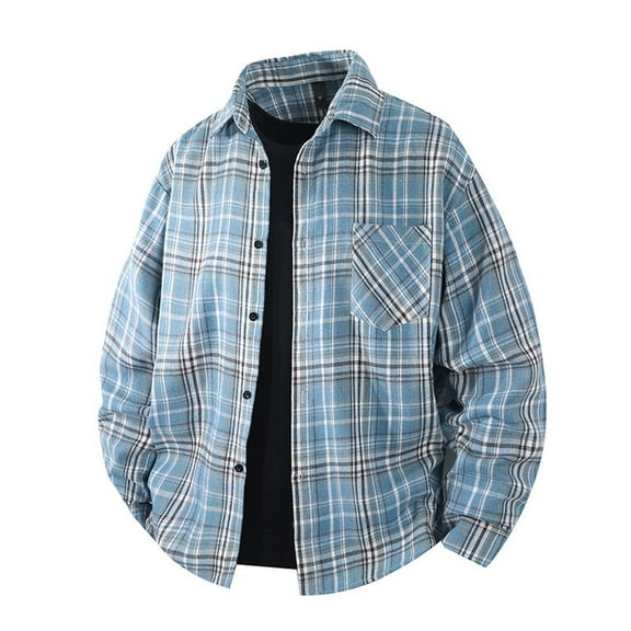 HOWPAY Plaid Shirts for Men Lightweight Roll up Long Sleeve Shackets Casual Classic Button down Checkered Tops Loose Fit Soft Stretchy Fall Clothes Blue XXL