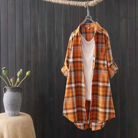 HOWPAY Plaid Shirts for Women Button down Long Sleeve Collared Classic Casual Shackets Stretch Loose Fit Oversized Comfy Fall Clothes Yellow L