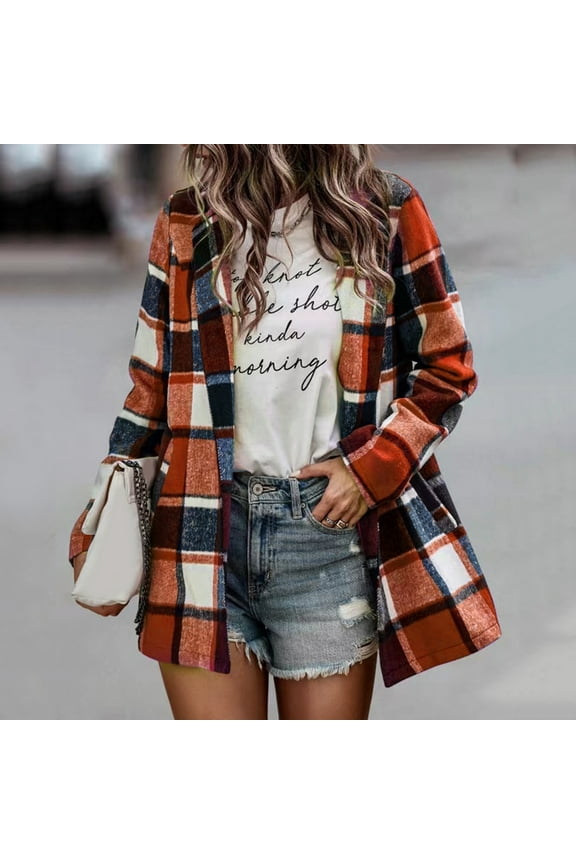 Plaid Shirts for Women Long Sleeve Button down Classic Casual Shirts Collared Business Stretch Loose Fit Lightweight Fall Clothes Orange XXL