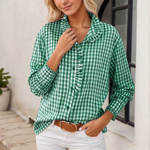 HOWPAY Plaid Shirts for Women Long Sleeve Button down Classic Collared Casual Shackets Loose Fit Business Stretch Oversized Fall Clothes Green L