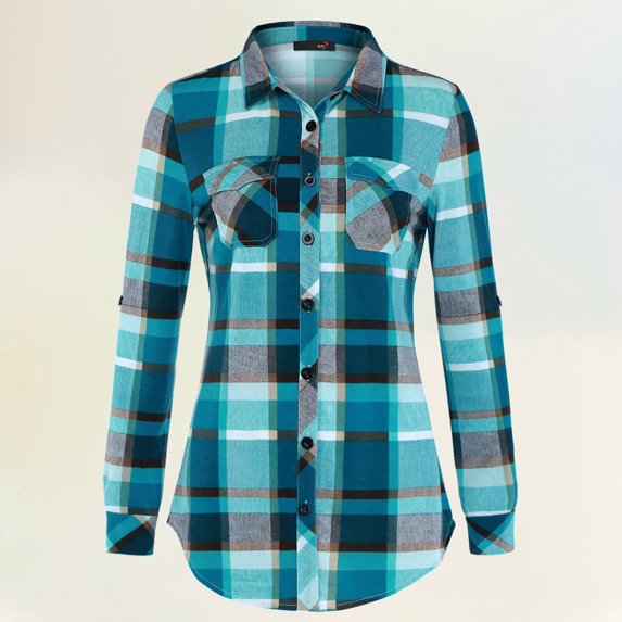 HOWPAY Plaid Shirts for Women Long Sleeve Button down Collared Classic Casual Blouses Tops Stretch Loose Fit Oversized Comfy Fall Outfits Sky Blue L