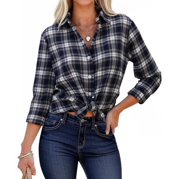 HOWPAY Plaid Shirts for Women V Neck Collared Button up Long Sleeve Casual Blouse Stretch Loose Fit Lightweight Cozy Soft Casual Tops Navy M
