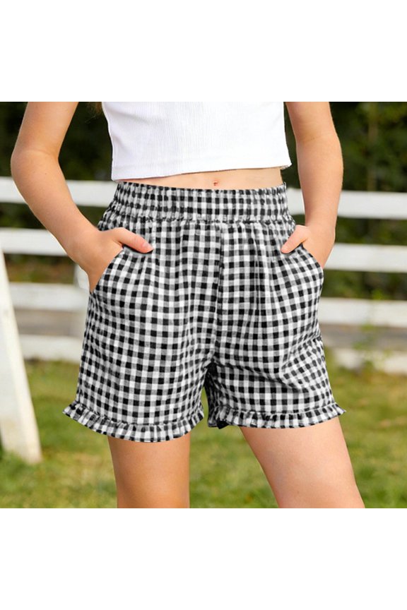 Plaid Shorts for Girls Wide Leg Ruffle Hem Lounge Bottoms with Pockets Elastic Waist Casual Summer Comfy Loose Boxer Shorts Black