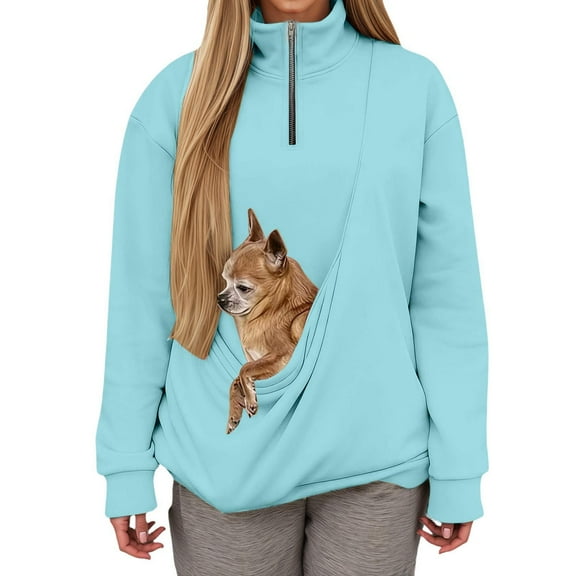 HOWPAY Pouch Sweatshirt for Women Oversized Kitten Puppy Holder Pullover Tops Pet Carrier Kangaroo Pocket Long Sleeve Comfy Soft Y2k Clothes Sky Blue L