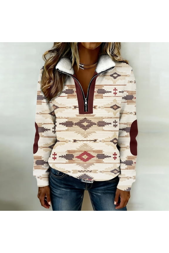 Quarter Zip Sweatshirts for Women Western Aztec Print Pullover Tops Collar Long Sleeve Vintage Warm Comfy Casual Y2k Clothes Khaki XXL