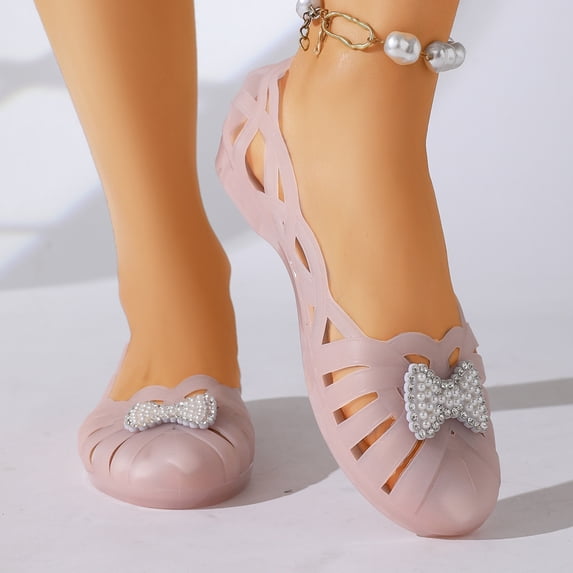 HOWPAY Sandals for Women Hollow out on Closed Toe Non- Ballet Flats Casual Comfortable Summer Vacation Beach Clear Jelly Shoes Pink 37