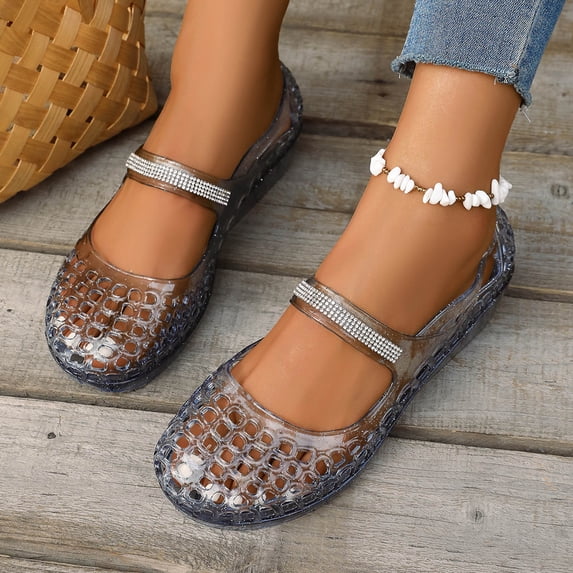 HOWPAY Sandals for Women Hollow out on Closed Toe Transparent Jelly Shoes Non- Summer Beach Casual Lightweight Ballet Flats Navy 41
