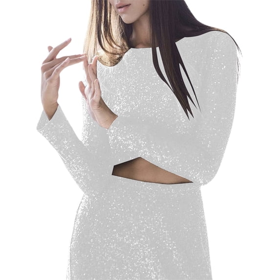 HOWPAY Sequin Shirts for Women Long Sleeve Crewneck Sparkly Glitter Dressy Loose Fit Blouse Tees for Holiday Evening Party Lightweight Shiny Tops Silver XL