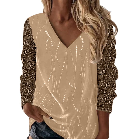 HOWPAY Sequin Tops for Women Long Sleeve V Neck Dressy Blouse Sparkly Glitter Shiny Tees for Holiday Evening Party Lightweight Loose Fit Shirts Yellow XXL