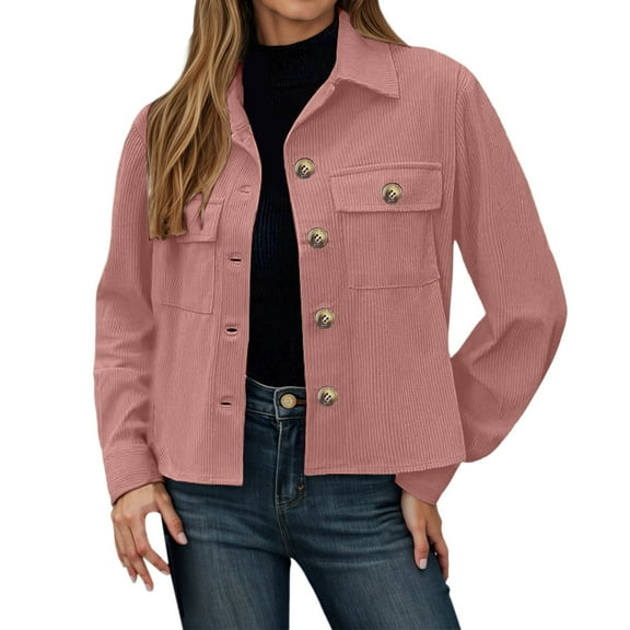 HOWPAY Shackets for Women 2025 Lapel Collar Button down Shirts Jackets Oversized Solid Color Long Sleeve Casual Outerwear with Pockets Fall Outfits Pink S