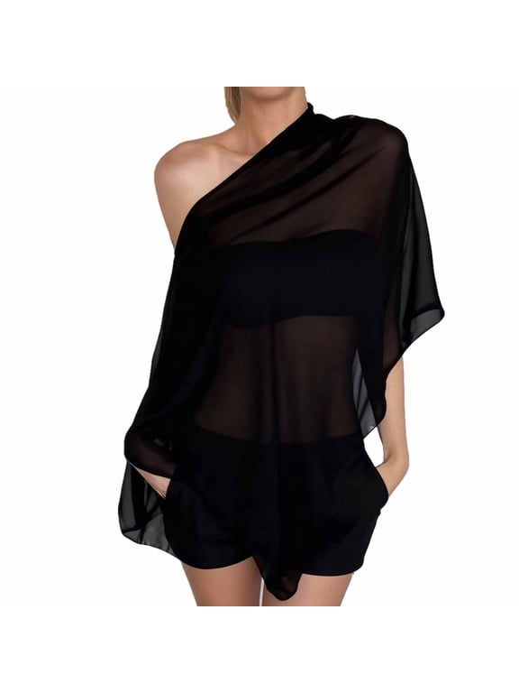 Sheer Poncho Top for Women off the Shoulder Shawl Wrap Lightweight Loose Fit Solid Color Y2k Summer Beach Vacation Cover ups Black L