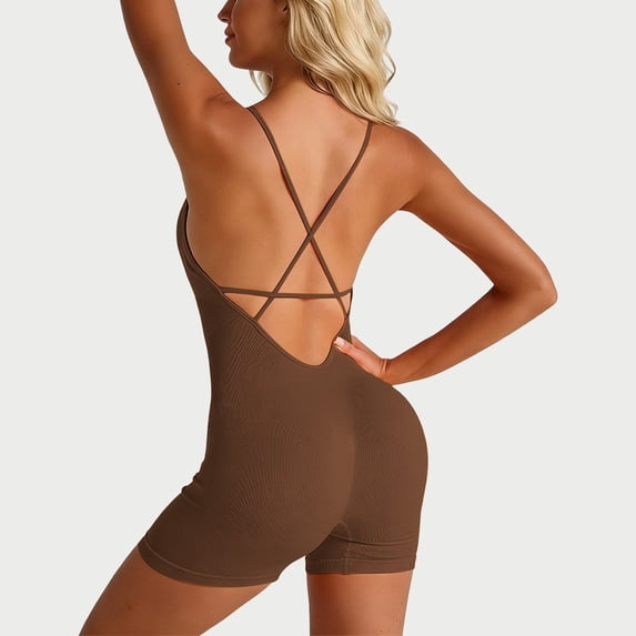 HOWPAY Short Jumpsuits for Women One Piece Backless Sleeveless Bodysuit with Crossback Straps One Piece Tummy Control Workout Yoga Jumpsuit Coffee L