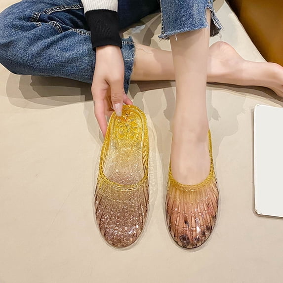 HOWPAY Slippers for Women Glitter Clear Flats Hollow out on Sandals Summer Beach Jelly Shoes Transparent Closed Toe Casual Slide Brown 41