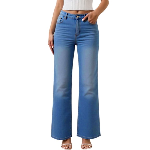 HOWPAY Straight Leg Jeans for Women High Waisted Casual Loose Fit Stretchy Tummy Control Boyfriend Denim Pants with Pockets Baggy Jean Trousers Dark Blue S