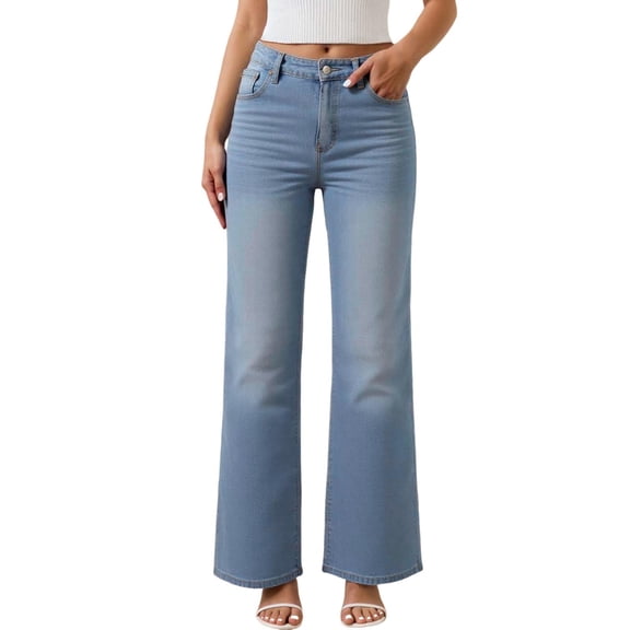HOWPAY Straight Leg Jeans for Women High Waisted Casual Loose Fit Stretchy Tummy Control Boyfriend Denim Pants with Pockets Baggy Jean Trousers Light Blue XL