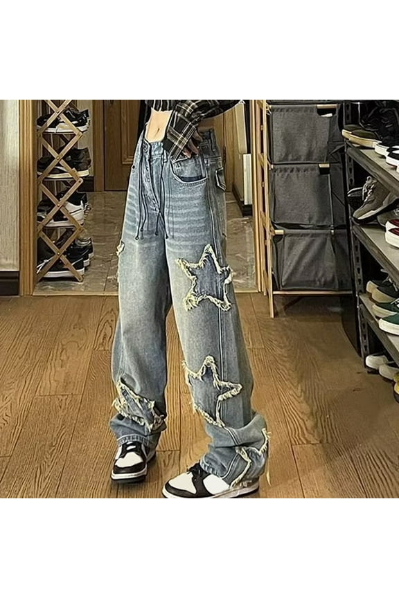 Straight Leg Jeans Women High Waisted Wide Leg Denim Pants with Pockets Vintage Loose Fit Pull on Boyfriend Comfy Soft Casual Pants Blue XXL
