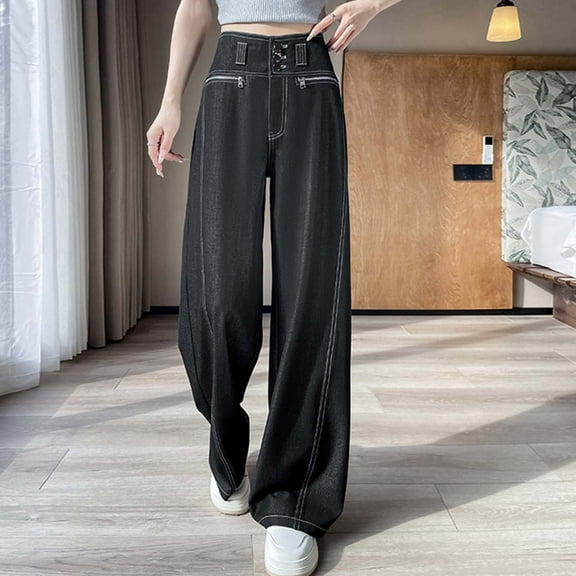 HOWPAY Straight Leg Jeans Women Loose Fit High Waisted Denim Pants with Pockets Boyfriend Strechy Classic Vintage Wide Leg Lightweight Cozy Baggy Jeans Black L