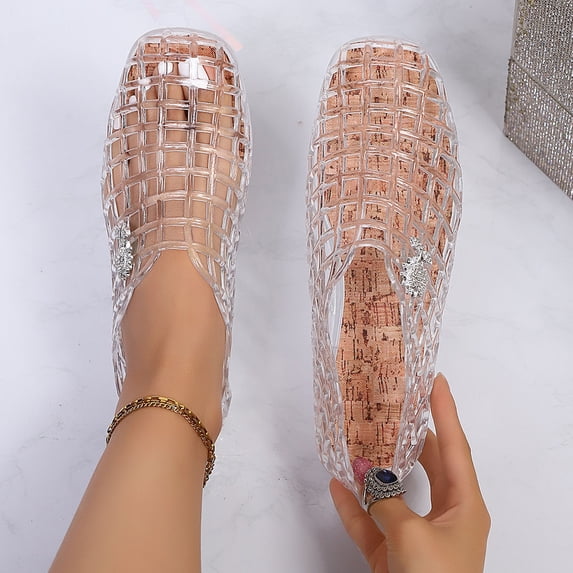 HOWPAY Summer Sandals Women Hollow out on Closed Toe Non- Ballet Flats Casual Lightweight Beach Vacation Clear Jelly Shoes White 40