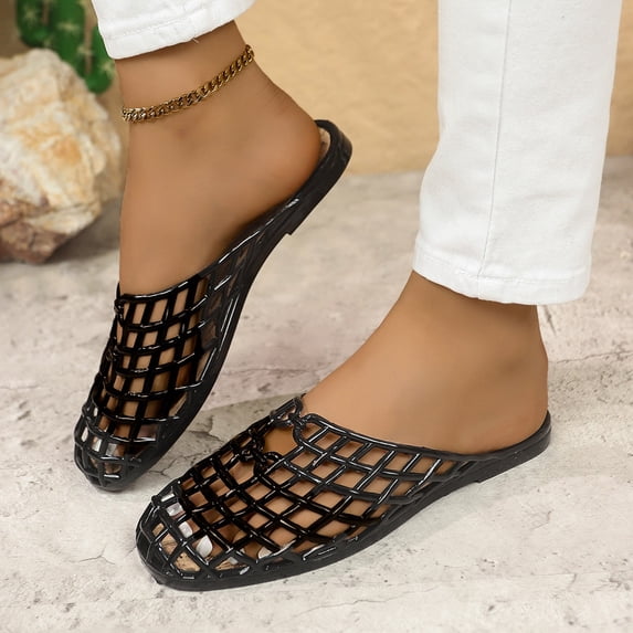 HOWPAY Summer Sandals Women Non- Flats Mesh Hollow Closed Toe on Slides Casual Comfortable Sandals Summer Beach Slippers Black 41