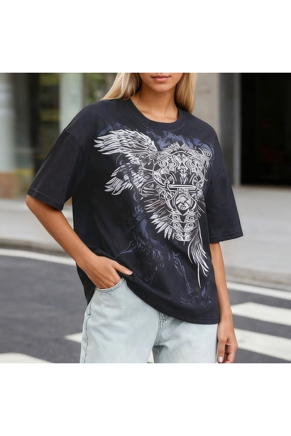Summer T Shirts for Women Crew Neck Short Sleeve Tee Tops Baggy Graphic Loose Fit Work T-Shirt Oversized Comfy Y2K Streetwear Black XXXL