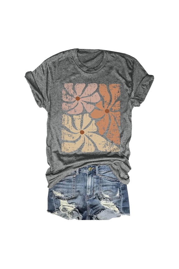 Summer Tops for Women Crew Neck Short Sleeve T-Shirt Baggy Graphic Loose Fit Work Tees Comfy Lightweight Vintage Y2K Clothes Grey XXL