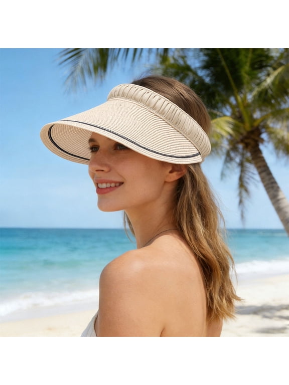 Summer Visors for Women Wide Brim Straw Hat Open Top Adjutable Ponytail Packable Foldable Sun Protection Holiday Travel Cap Beige One Size