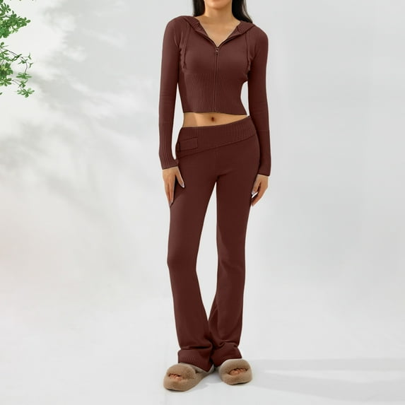 HOWPAY Sweater Sets for Women 2 Piece Solid Color Long Sleeve Knitted Hooded Sweater Top Wide Leg Pants Sweatsuits Casual Loose Lounge Sets Brown S
