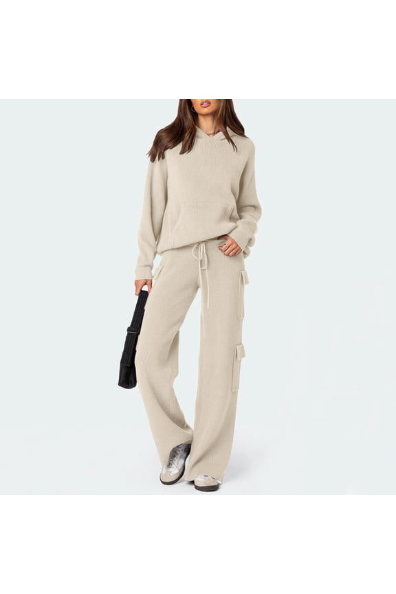 Sweater Sets for Women 2 Piece Solid Color V Neck Long Sleeve Knitted Sweater Top Wide Leg Pants Sweatsuits Casual Cozy Fall Outfits Beige M