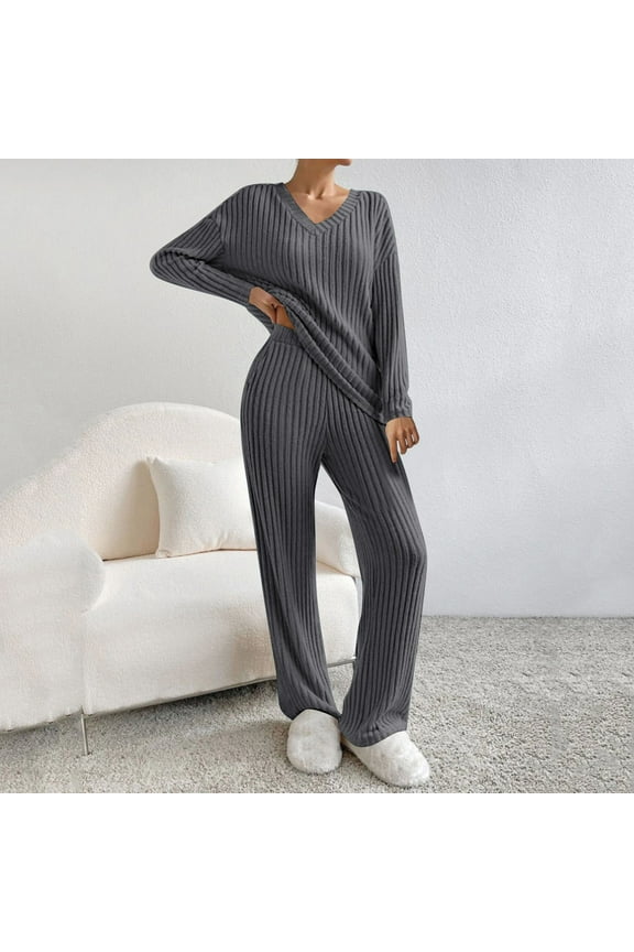 Sweater Sets for Women Oversized Solid Color Long Sleeve Knitted V Neck Sweater Tops and Pants Sweatsuits Cozy 2 Piece Fall Outfits Grey L