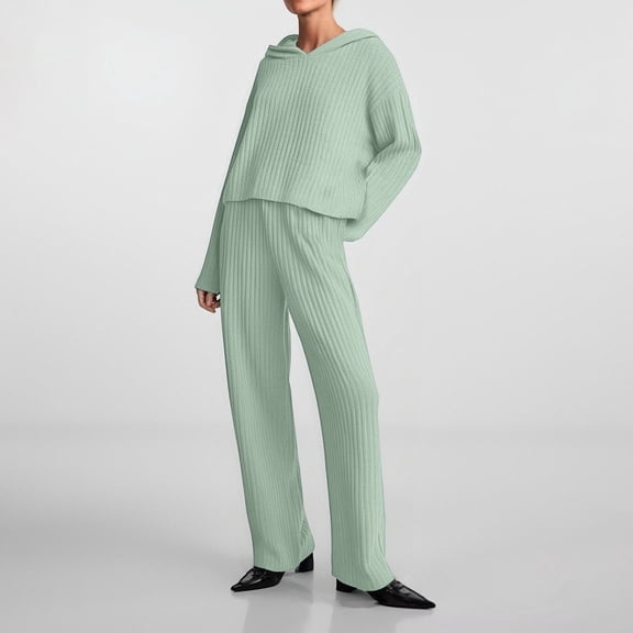 HOWPAY Sweater Sets for Women Solid Color Long Sleeve Hooded Sweater Tops Wide Leg Pants Tracksuits Casual Cozy 2 Piece Lounge Sets Light Green L