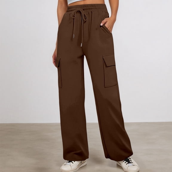 HOWPAY Sweatpants Women Solid Color Stretch High Waisted Track Pants with Pockets Loose Fit Straight Leg Casual Comfy Baggy Pants Coffee S