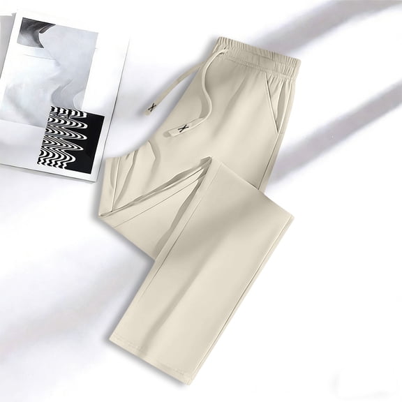 HOWPAY Sweatpants for Women High Elastic Waisted Straight Leg Track Pants with Pockets Solid Color Stretch Casual Loose Fit Baggy Pants Beige S